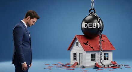 Overwhelmed businessman facing crushing debt on home ownership dreams, financial burden weighing heavy, economic downturn anxiety and real estate challenges