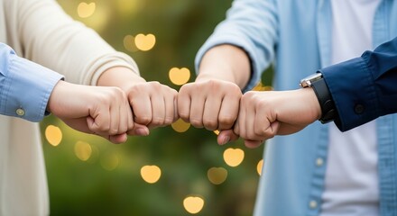 Dynamic team celebrating shared success with a fist bump outdoors, embodying collaboration and achievement in a vibrant, positive atmosphere