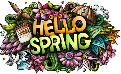 Hello Spring Lettering Banner with Colorful Doodle Illustration of Flowers and Nature Elements