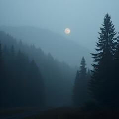 Dense fog covering dark pine forest