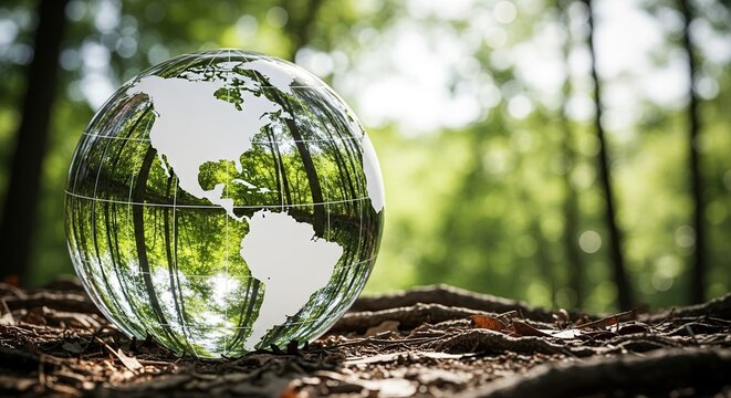 Striking crystal globe reflecting vibrant forest, inspiring eco-friendly initiatives for a sustainable future and environmental awareness campaigns
