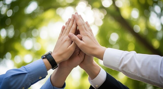 Dynamic team building trust with a collaborative high five in bright outdoor setting symbolizing unity and teamwork for successful projects and goals
