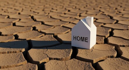 Home on cracked earth shows devastating climate change effects and drought, a stark reminder of environmental challenges facing communities worldwide