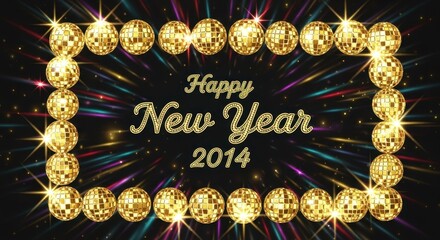 Glistening golden disco ball frame celebrating New Year 2014 with vibrant bursts and sparkles