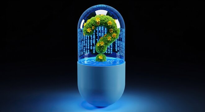 Unlocking digital mysteries with nature's wisdom, a question mark of foliage inside tech capsule for a fresh perspective on AI and future questions