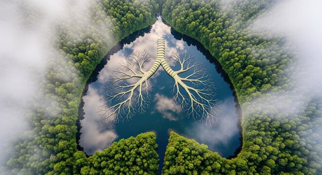 Breathe Easy with a Forest Shaped Like Lungs Embracing Clean Air and Nature's Healing Power in a Stunning Aerial View, Perfect for Wellness Campaigns
