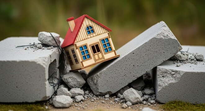 Model house rests precariously on broken concrete, symbolizing property damage, financial risk, and the urgent need for home insurance solutions today