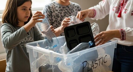 Kids embrace sustainability by sorting plastic bottles for recycling, showcasing teamwork and environmental responsibility for a brighter, greener future