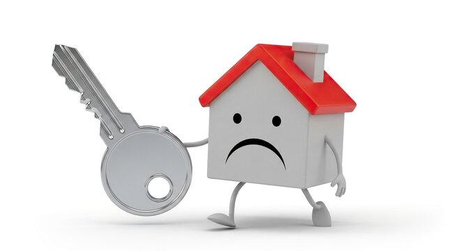 Sad house with key symbolizes foreclosure anxieties, financial stress, and housing market downturn concerns for struggling homeowners seeking solutions
