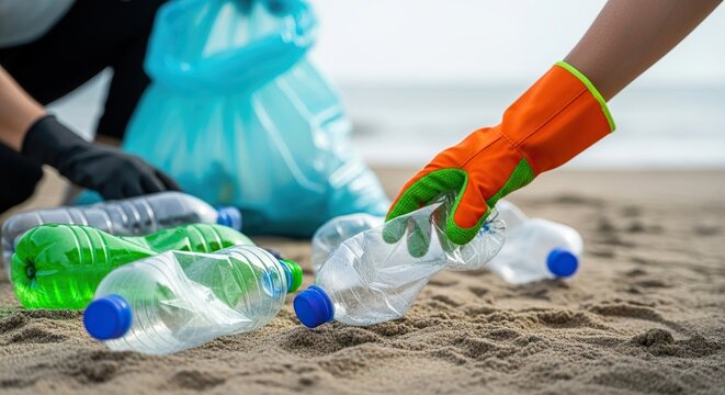 Volunteers cleaning up plastic bottles on sandy beach, environmental awareness and ocean conservation, promoting eco-friendly lifestyle
