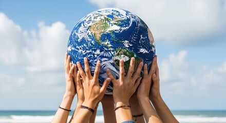 Hands Together Holding Our Planet Globe On Beach, Perfect for Environment, Sustainability, Global Awareness, and Unity Campaigns and Social Media Posts