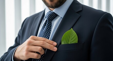 Professional businessman with leaf in pocket, symbolizing eco-friendly business practices and commitment to sustainability in the workplace and environment