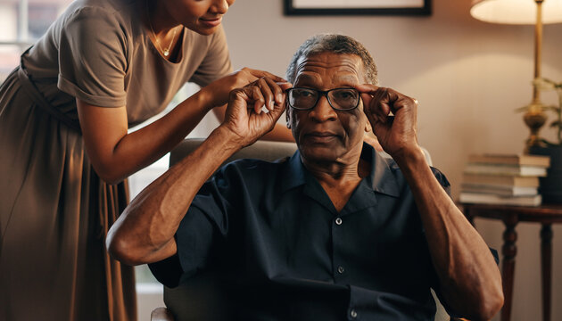 Tender family moment as a supportive daughter assists her senior father with his eyeglasses, highlighting elderly home care and vision health for aging parents