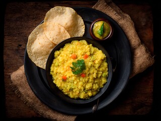 Hearty indian khichdi with papad and chutney