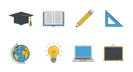 Educational Icons Representing Learning, Knowledge, and School Supplies