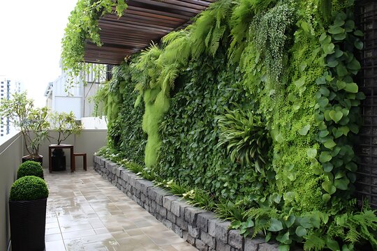 Lush living green wall brings vibrant nature to urban balcony, creating a serene outdoor oasis perfect for relaxation and mindful reflection