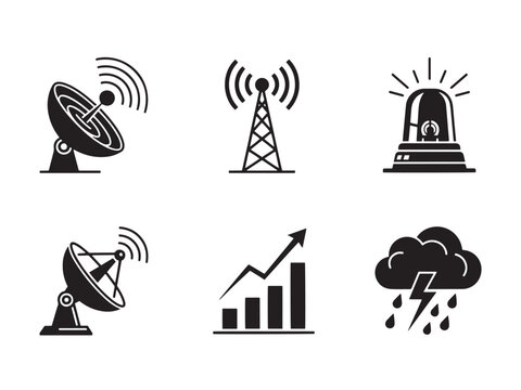 Weather Alert Icons. Weather Alert System silhouette icon set: radar map, signal waves, flashing beacon, satellite dish, data chart, storm icon.