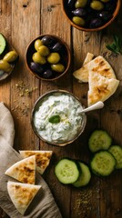 Overhead Shot of Tzatziki Dip with Pita Bread