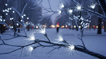 Magical winter wonderland scene with glittering lights on snow covered branches, evoking holiday cheer and festive atmosphere for seasonal projects