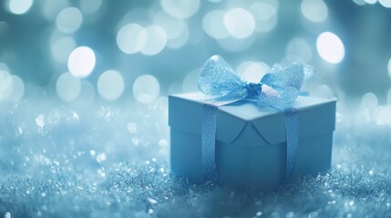 A festive and celebratory atmosphere, Elegant light blue gift box with a ribbon, set against a sparkling, bokeh light blue background.