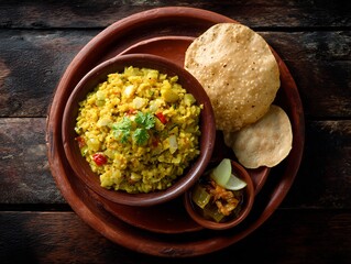 Traditional indian breakfast dish with crispy pappadums and chutney