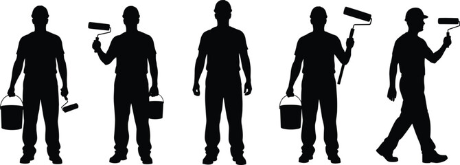 Set of Professional Painter Silhouettes Holding Paint Rollers and Buckets in Various Standing and Walking Poses, Representing Construction, Renovation, DIY, and Home Improvement Service.