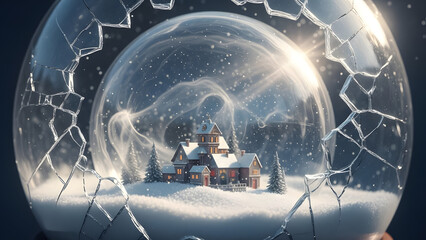 Enchanting winter scene of a snow globe with a charming house and frosted trees, evoking a sense of holiday magic and cozy nostalgia for Christmas cards