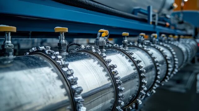 Industrial liquid gas container transport with chrome pipes and safety equipment under controlled