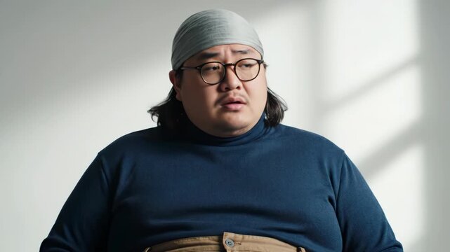 A person with glasses and a head covering, clad in a blue turtleneck and tan pants, poses against a white backdrop. The expression is one of slight dismay