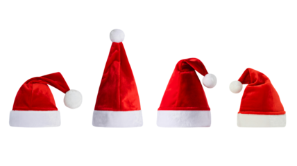 Four festive Santa hats ready for holiday cheer and winter celebrations