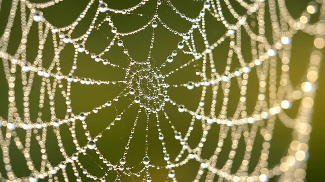 A close-up showcases a glistening spiderweb adorned with numerous water droplets, catching sunlight and against a soft green backdrop