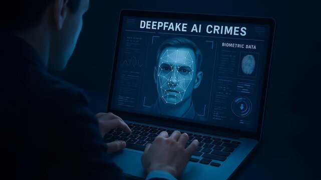 Deepfake AI crimes involving biometric data and facial recognition technology manipulate systems for digital fraud and identity theft laptop screen