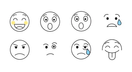 A collection of eight minimalist line-drawn emoji faces expressing various emotions like happiness, sadness, anger, and surprise.