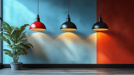 Obraz premium Illuminating Design: Modern pendant lights casts a warm glow, showcasing a harmonious balance of color and form, alongside a potted plant that brings life to the space. 