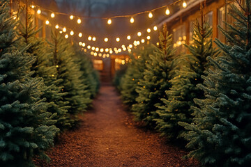 christmas tree at night - Festive outdoor Christmas tree farm scene with glowing string lights and cozy holiday ambiance