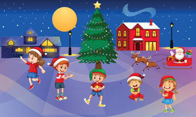 Fototapeta premium Christmas scene with Santa Claus, reindeer sleigh, children and decorated Christmas tree illustration