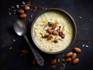 Creamy rice pudding dessert with almonds and saffron