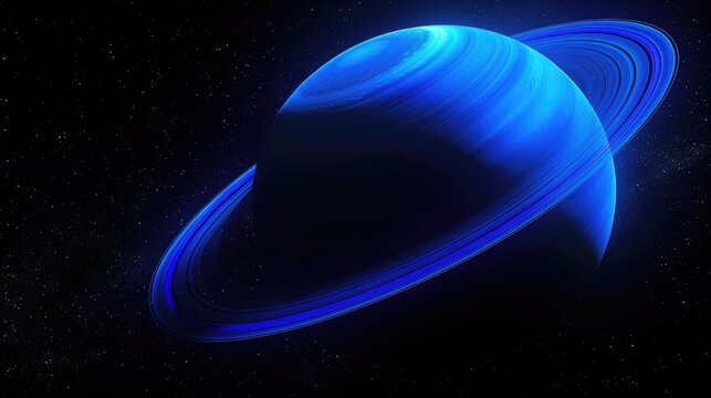 Artistic representation of a ringed planet with blue, Blue Saturn, black background