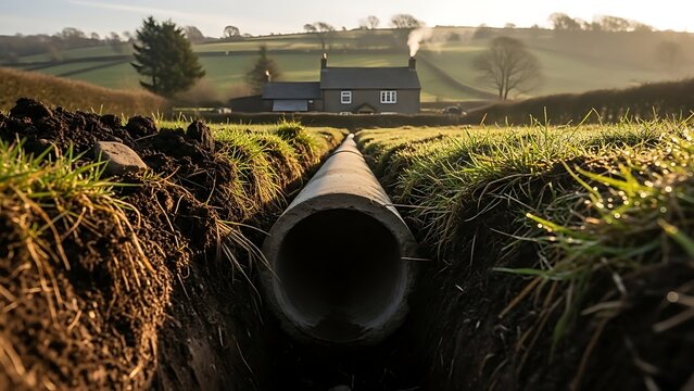 Drainage Pipe Installation in Rural Landscape Enhancing Farmland Efficiency