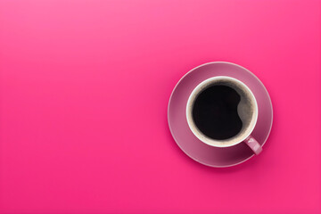 Top View of Black Coffee in Pink Cup on Vibrant Magenta Background with Copy Space