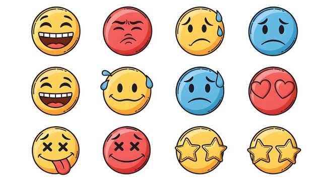 Collection of various cartoon emoji faces expressing different emotions and feelings.