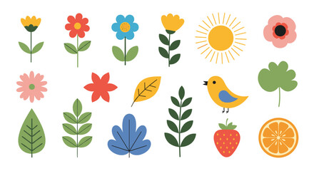 Obraz premium A cute collection of flat design elements including colorful flowers, leaves, a sun, a bird, and fruits like strawberry and orange.