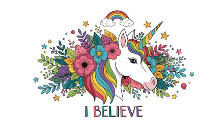 Naklejka premium A magical unicorn with a rainbow mane and floral decorations, surrounded by leaves and stars with the text 'I Believe'.