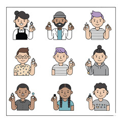 Diverse people holding small objects, simple style