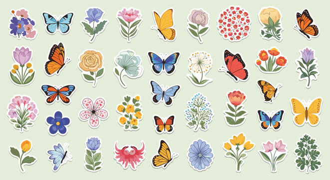 A large and colorful collection of butterfly and flower stickers with a white border, perfect for scrapbooking and decoration.