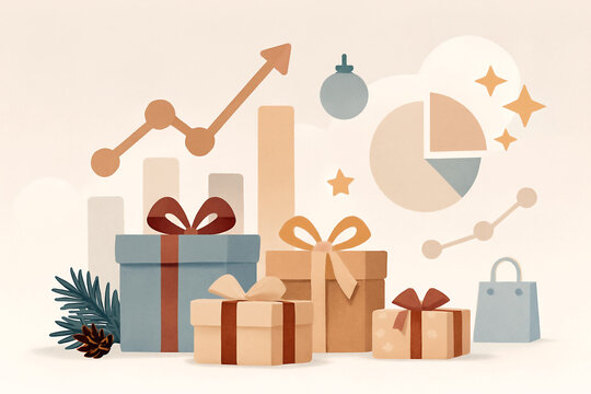 christmas icons set - Holiday-themed background with gift boxes, charts, pine decor, and sparkles&mdash;festive marketing and analytics concept