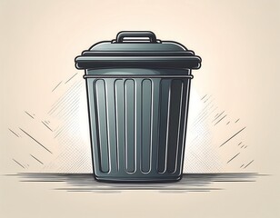 A grey trash can with a lid sits on a light background with scratchy lines symbolizing movement