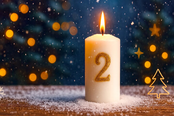 christmas candle - Advent Candle with Gold Number 2 on Snowy Wood – Festive Background for Holiday Countdown and Seasonal Celebration