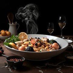 Gourmet Fusion Dish with Smoked Seafood and Citrus Garnish on Dark Background