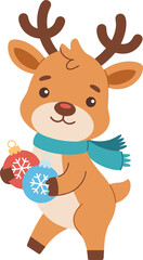 Fototapeta premium Adorable holiday reindeer holding colorful ornaments, perfect for holiday cards and festive designs